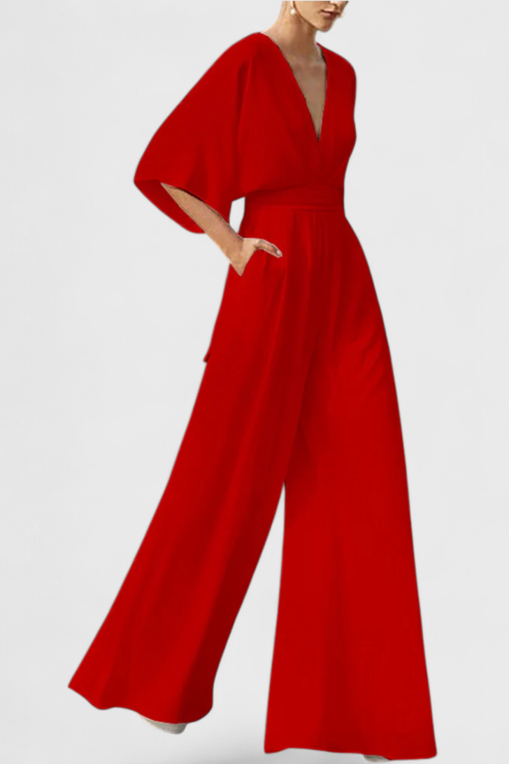 Elegant Long Jumpsuit with Wide Legs and V-Neck
