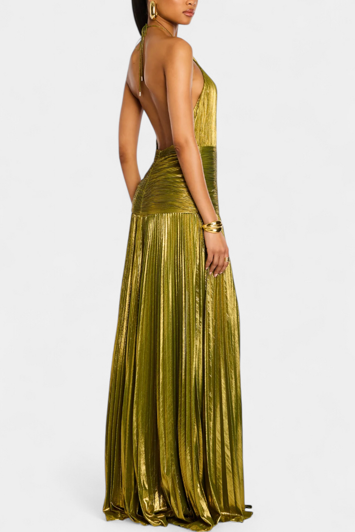 Emma | Metallic Open Back Halter Dress