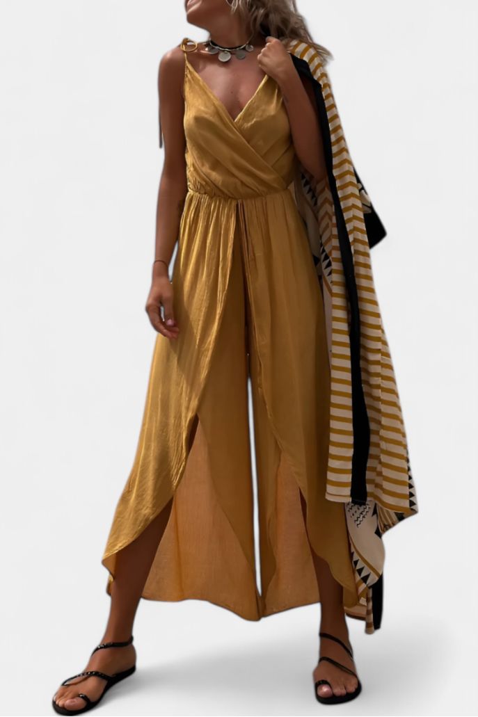 Donatila Cotton Jumpsuit with Side Openings and Crossed Neckline