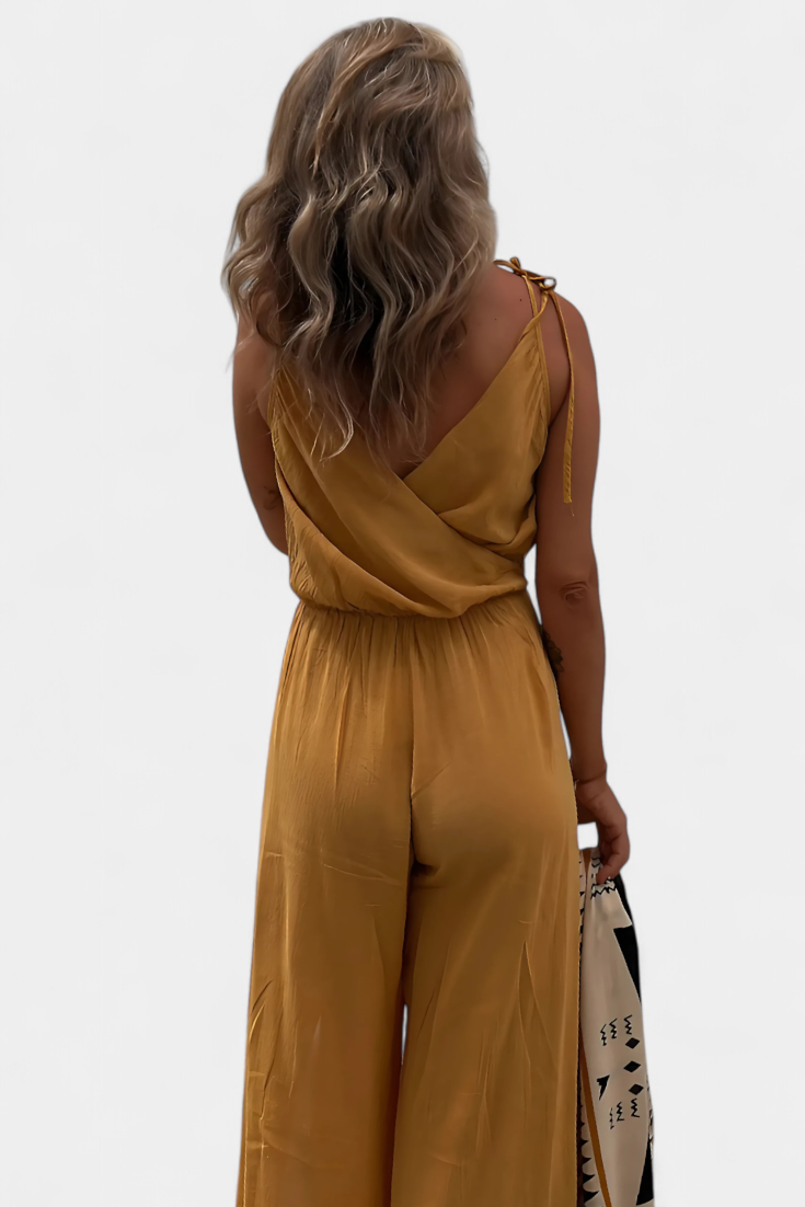 Donatila Cotton Jumpsuit with Side Openings and Crossed Neckline