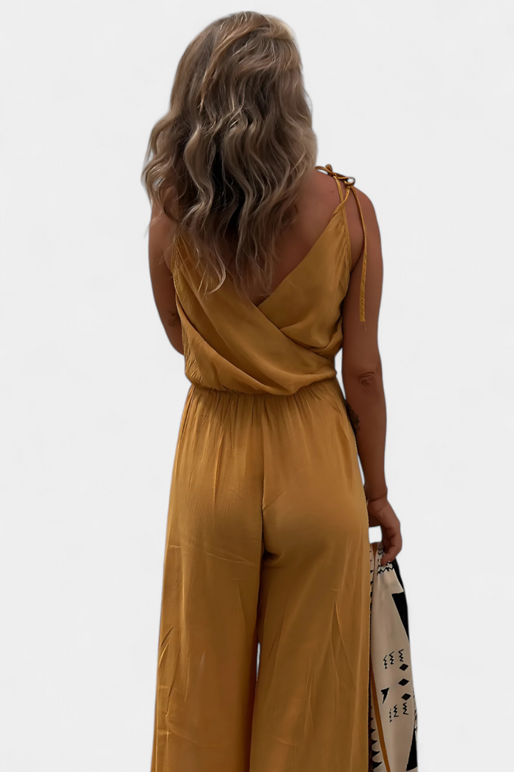 Donatila Cotton Jumpsuit with Side Openings and Crossed Neckline