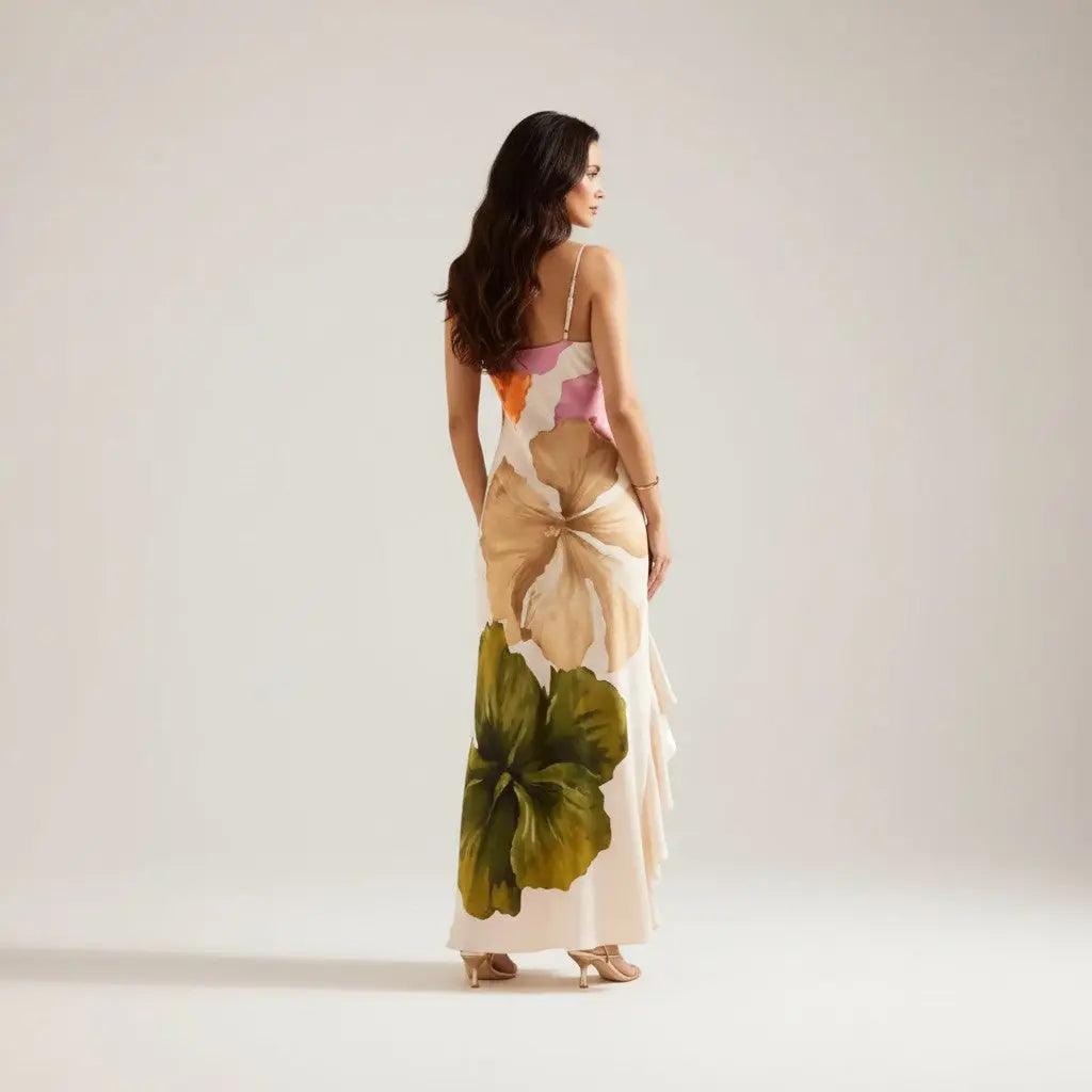 Nuria - Chic Dress with Patchwork Details and Asymmetrical Neckline