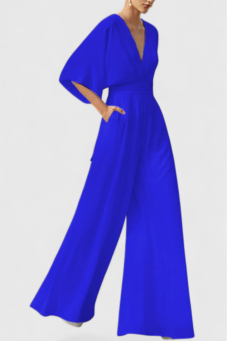 Elegant Long Jumpsuit with Wide Legs and V-Neck