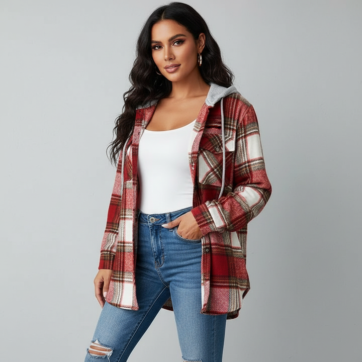 Esra | Jacket with Hood and Mixed Texture For Women