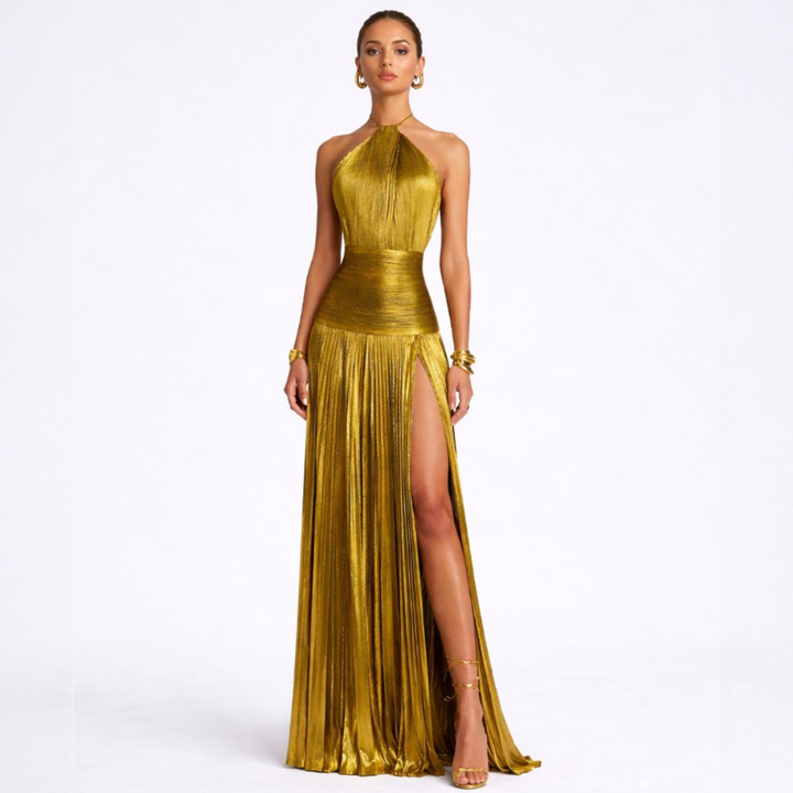 Emma | Metallic Open Back Halter Dress