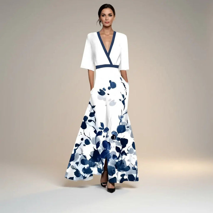 Marina - Long Dress with Elegant V Neck Print