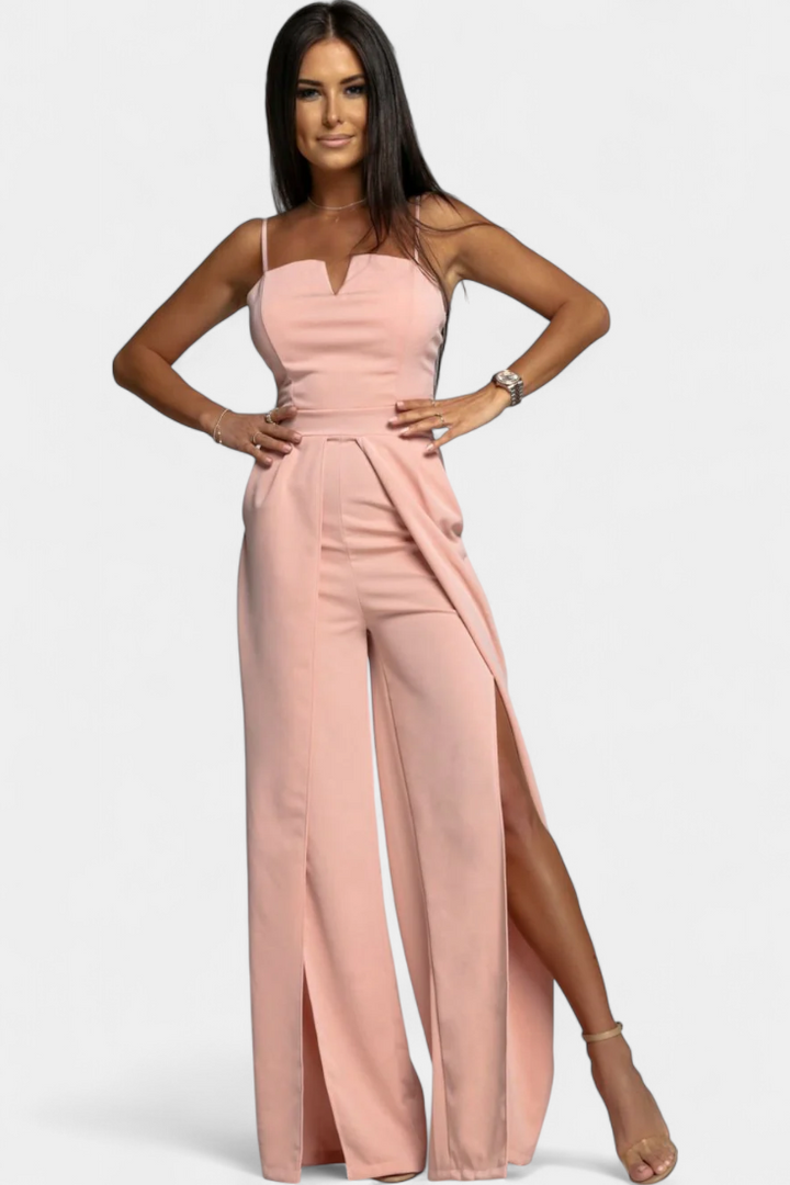Prescillia Jumpsuit with Spaghetti Straps and Split Leg