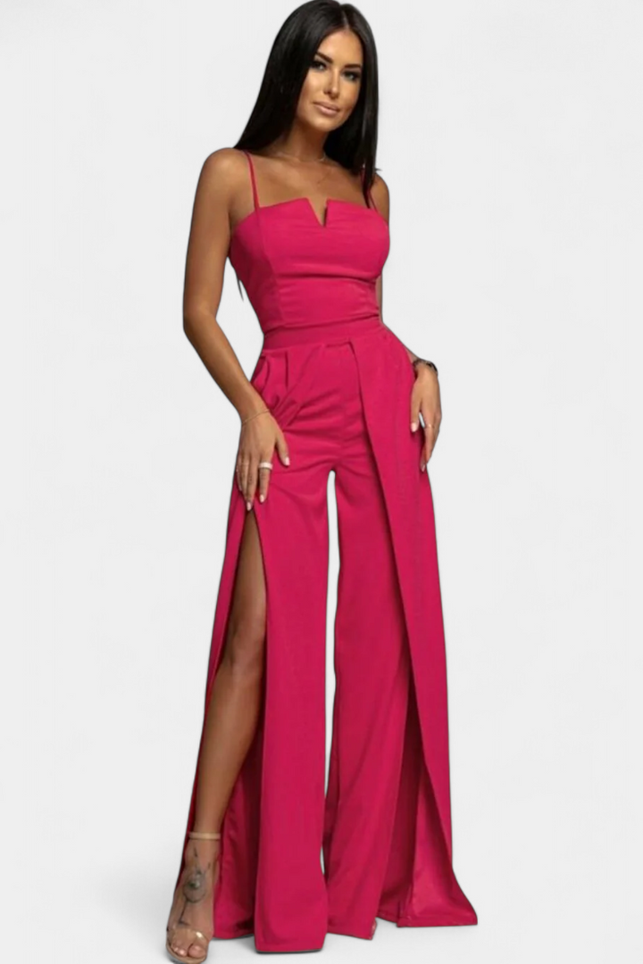 Prescillia Jumpsuit with Spaghetti Straps and Split Leg