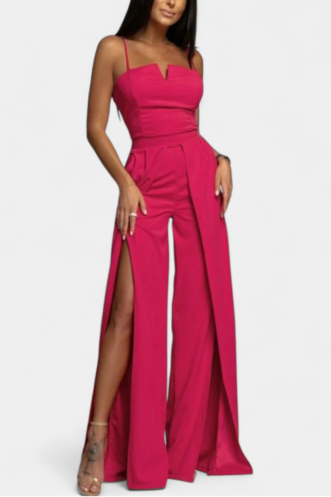 Prescillia Jumpsuit with Spaghetti Straps and Split Leg