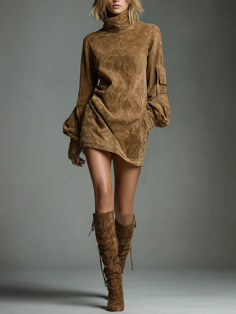Livia ❘ Oversized Mini Suede Dress with High Neck