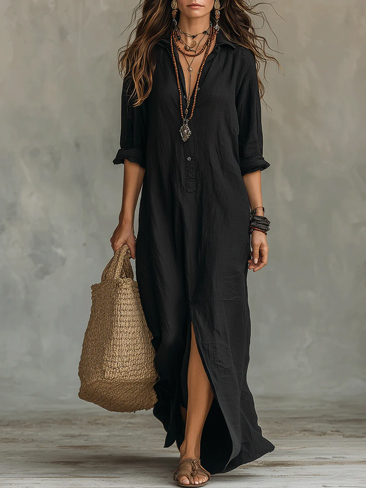 Carmen | Oversized Black Maxi Dress with Buttons
