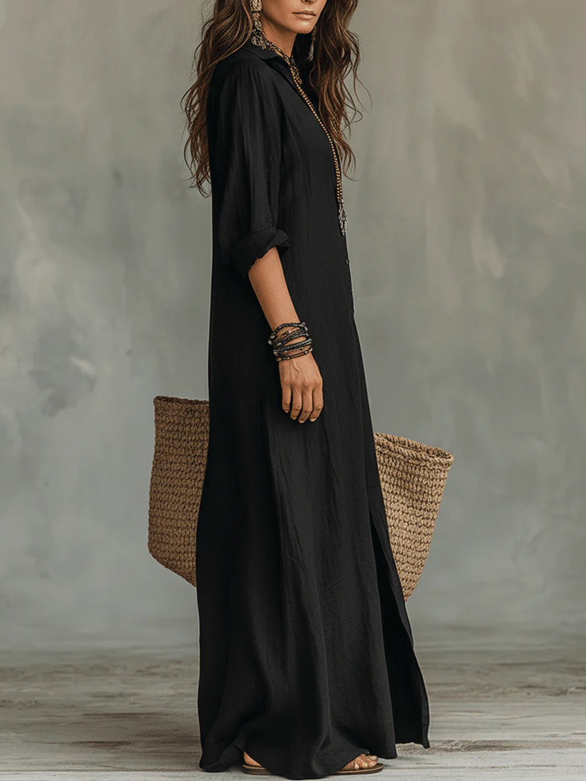 Carmen | Oversized Black Maxi Dress with Buttons