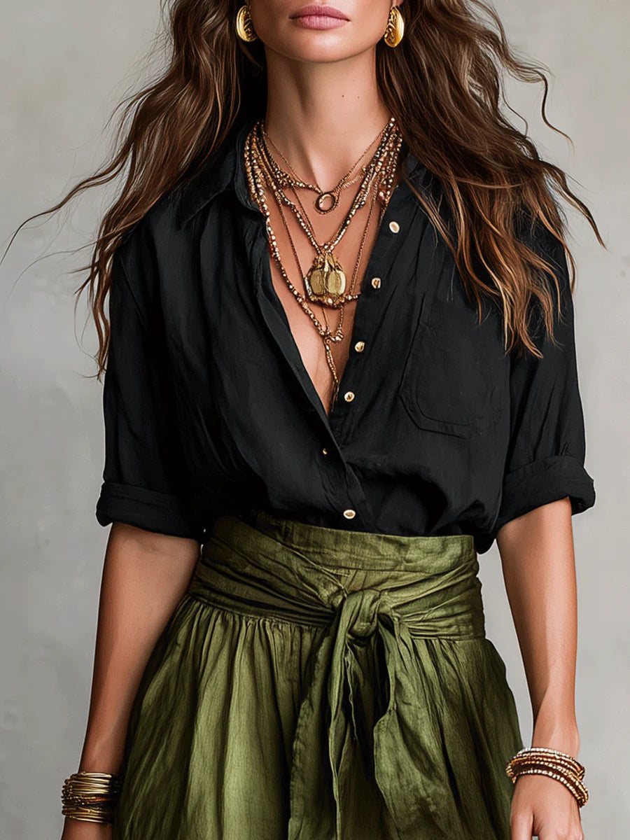 Carmen | Two-piece set: black top and olive green midi skirt