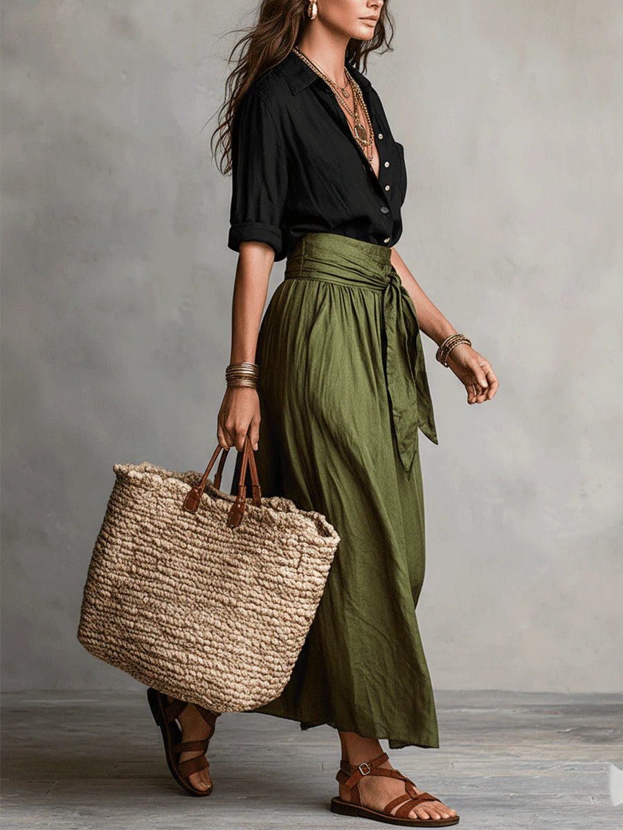 Carmen | Two-piece set: black top and olive green midi skirt