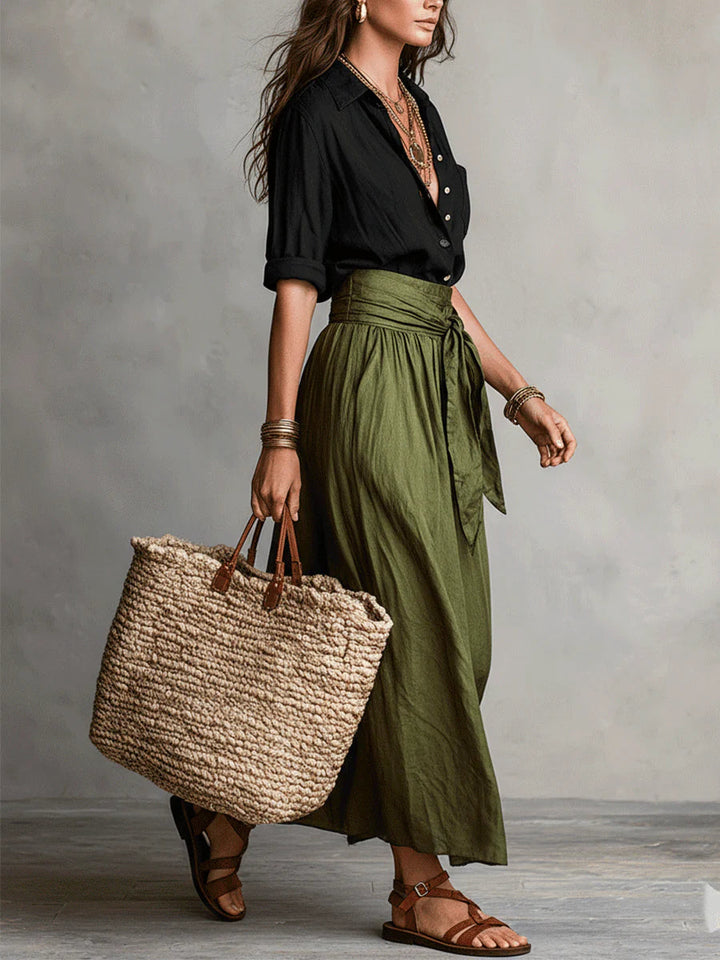 Carmen | Two-piece set: black top and olive green midi skirt