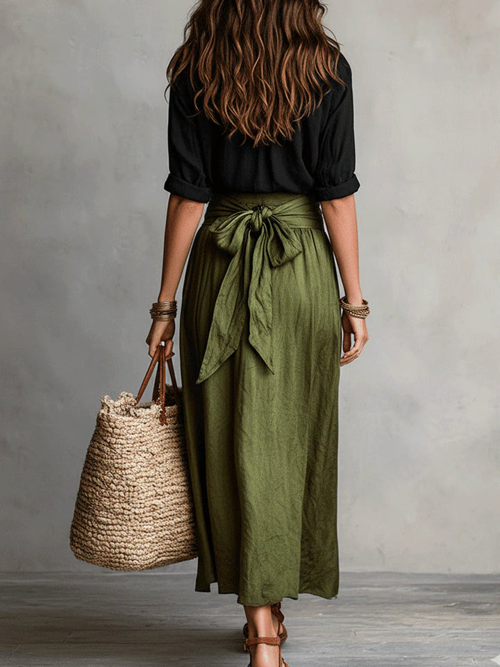 Carmen | Two-piece set: black top and olive green midi skirt