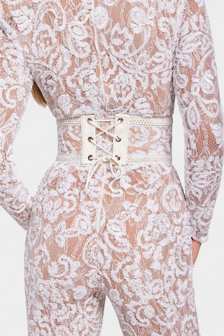 Jimena Lace Jumpsuit with Sequins and Belt