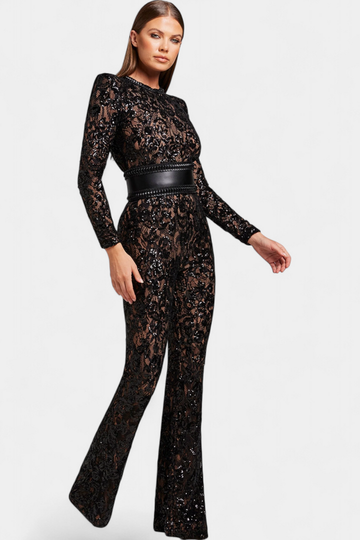 Jimena Lace Jumpsuit with Sequins and Belt