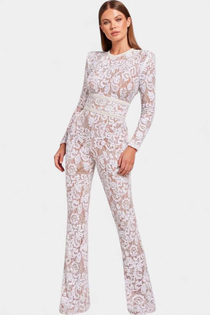 Jimena Lace Jumpsuit with Sequins and Belt
