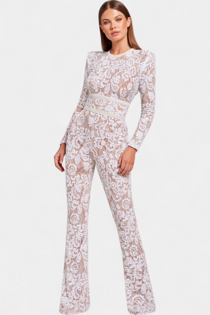 Jimena Lace Jumpsuit with Sequins and Belt