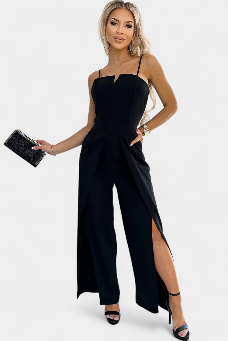 Prescillia Jumpsuit with Spaghetti Straps and Split Leg