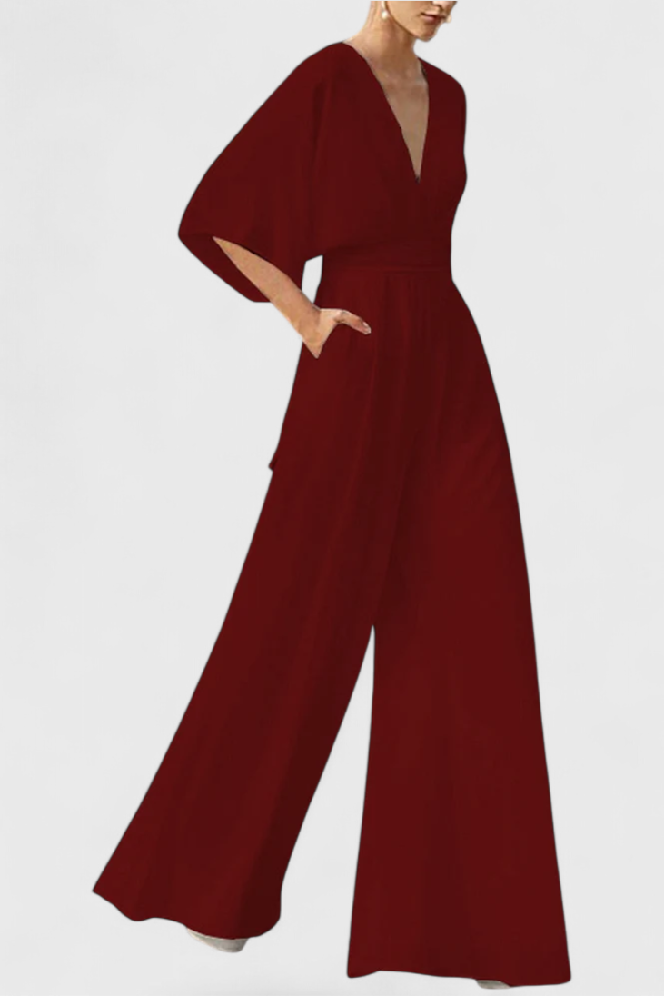 Elegant Long Jumpsuit with Wide Legs and V-Neck