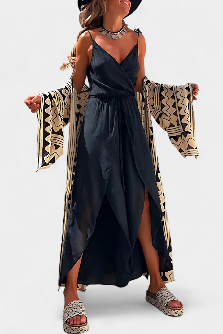 Donatila Cotton Jumpsuit with Side Openings and Crossed Neckline