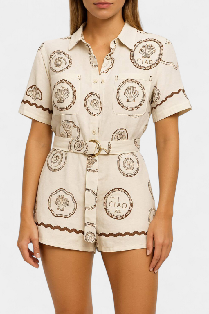 Seashell Mono T-Shirt with Shell Detail and Buttons