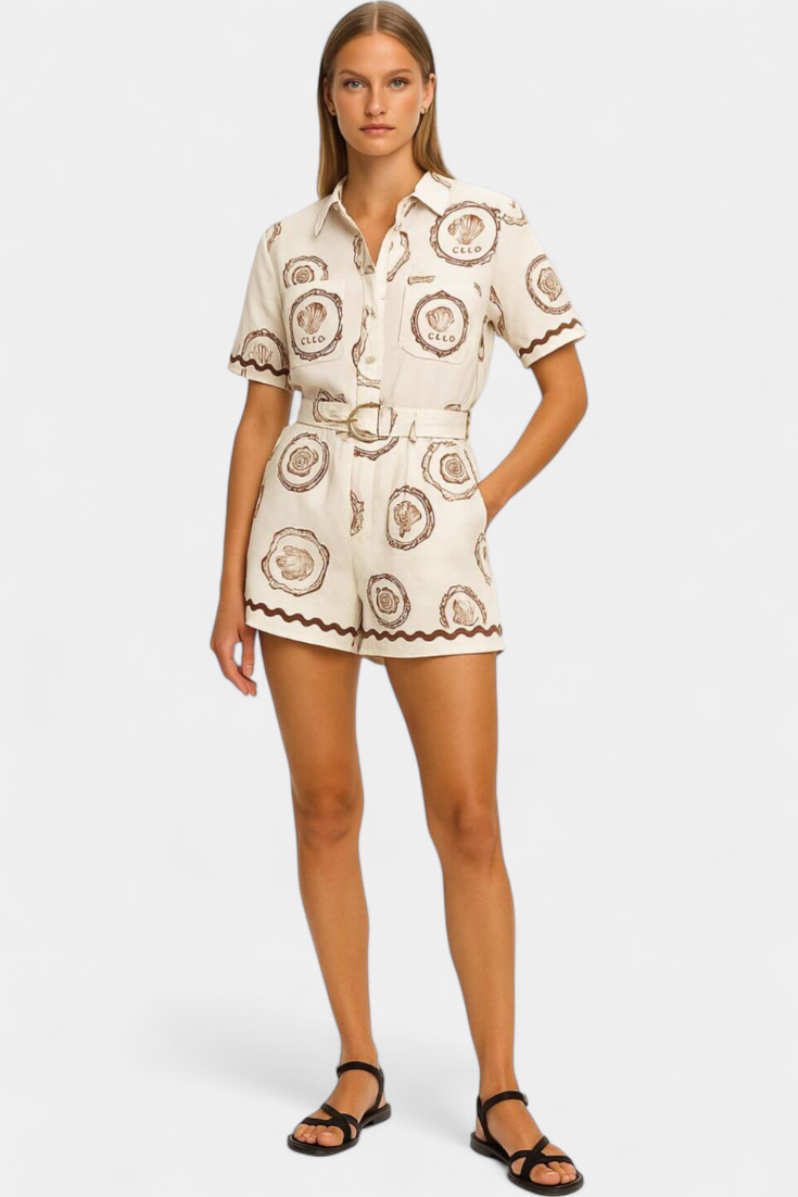 Seashell Mono T-Shirt with Shell Detail and Buttons