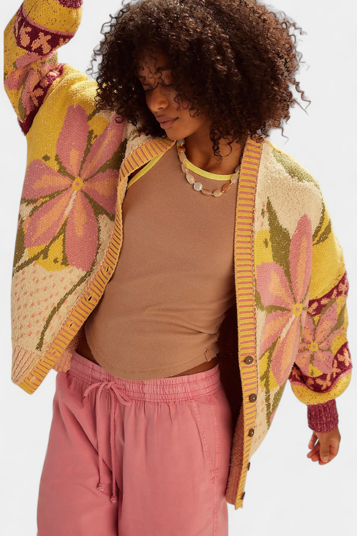 Casey Floral Pattern Knit Cardigan with Loose Fit