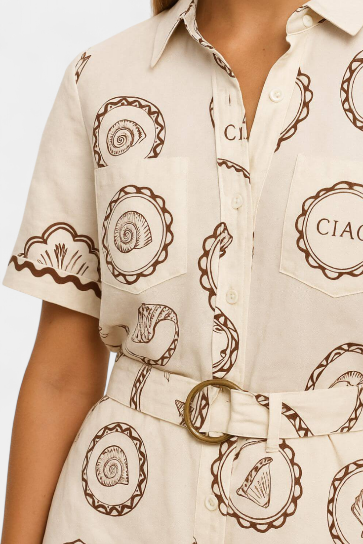 Seashell Mono T-Shirt with Shell Detail and Buttons