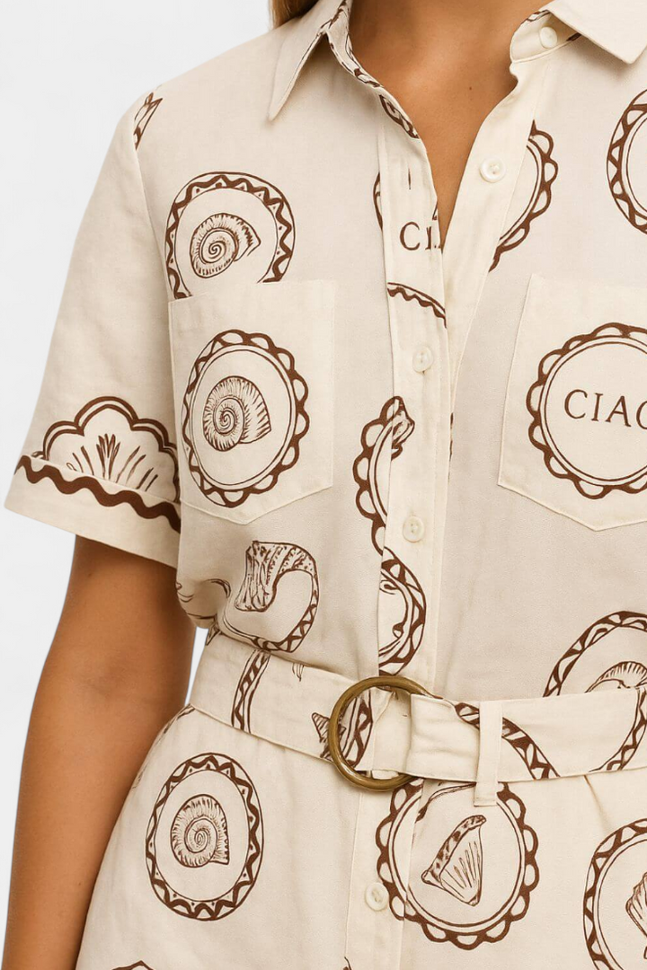 Seashell Mono T-Shirt with Shell Detail and Buttons