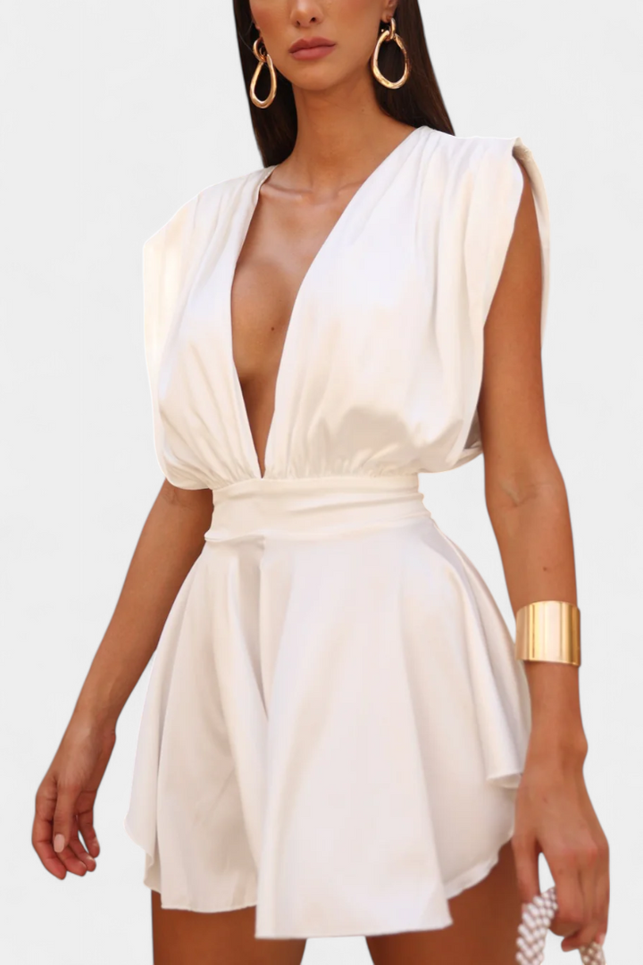 Rosalba Short Jumpsuit with Deep Neckline and Defined Waist