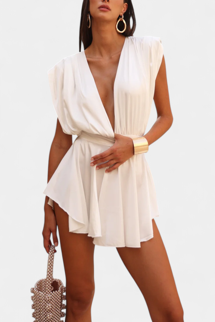 Rosalba Short Jumpsuit with Deep Neckline and Defined Waist