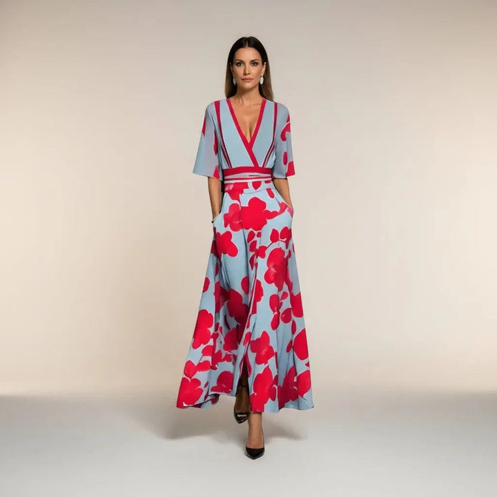 Marina - Long Dress with Elegant V Neck Print